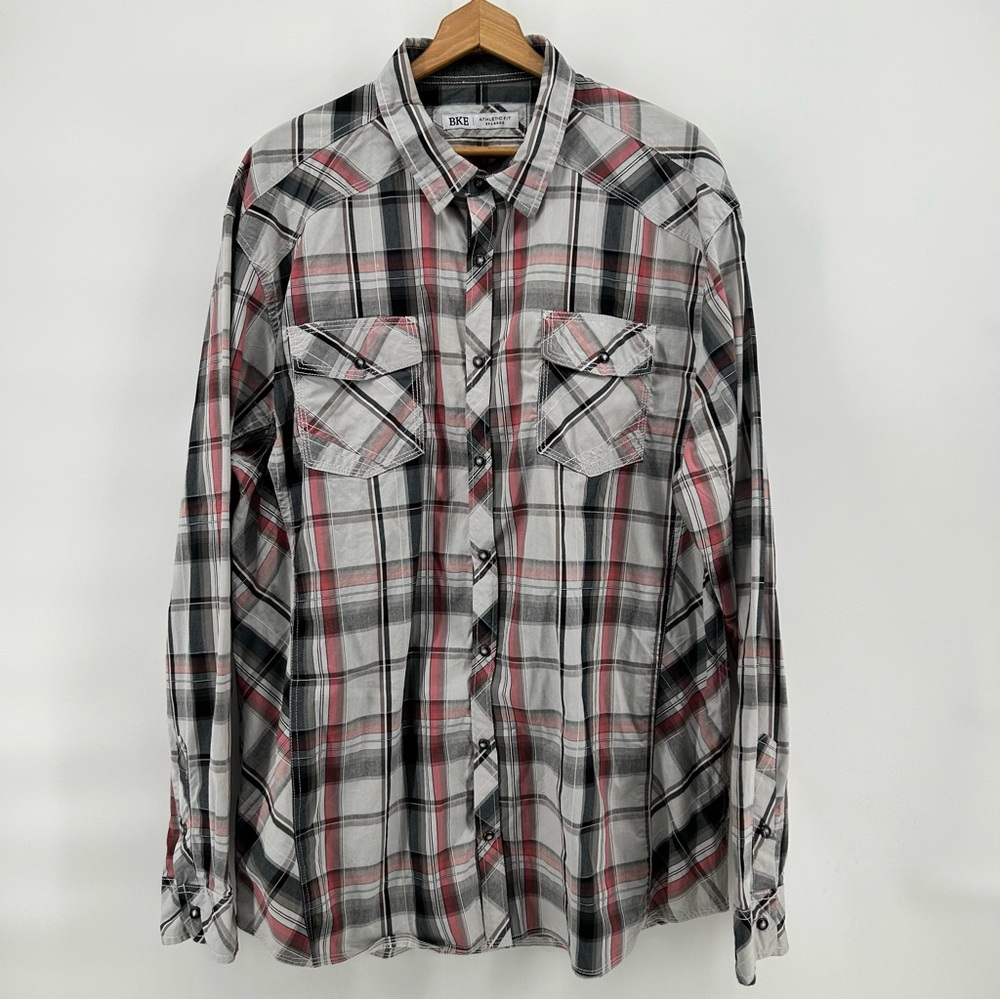 BKE Pearl Snap Shirt Mens‎ 2XL Plaid Western Button Up Black Snap Cowboy Rodeo